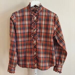 Vintage Ruffle Collar Button Up Plaid Shirt Long Sleeve Twee Colorful